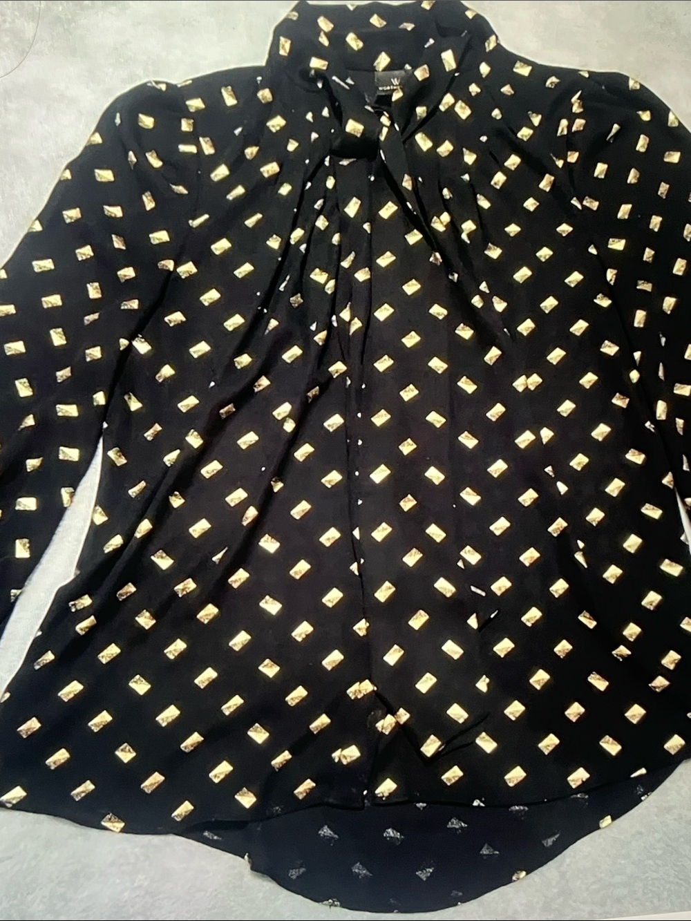 Worthington Black Blouse with Gold Geometric Accents and Tie Neck